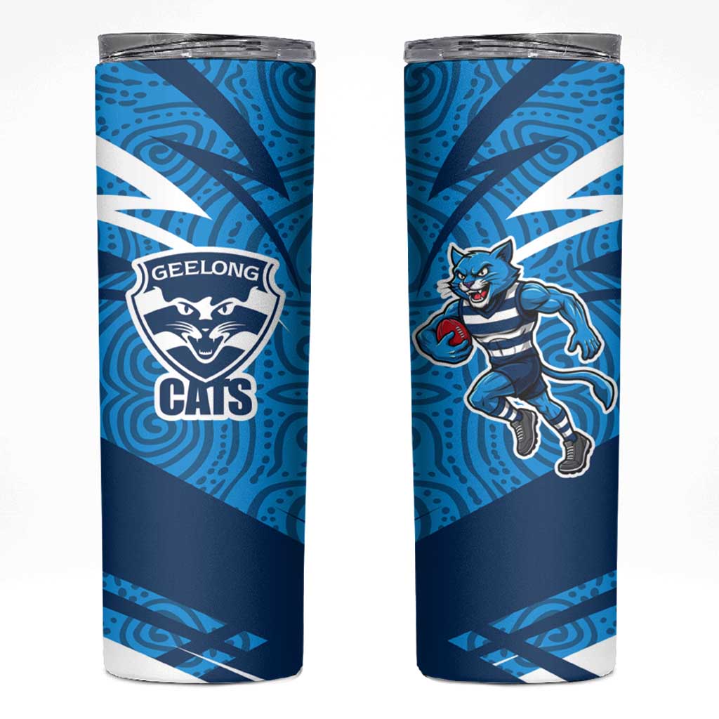Geelong Cats Australian Football Skinny Tumbler Fierce Cat Mascot With Indigenous Pattern Art