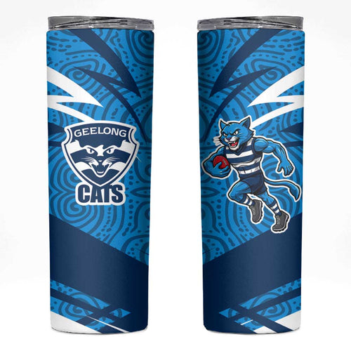 Geelong Cats Australian Football Skinny Tumbler Fierce Cat Mascot With Indigenous Pattern Art