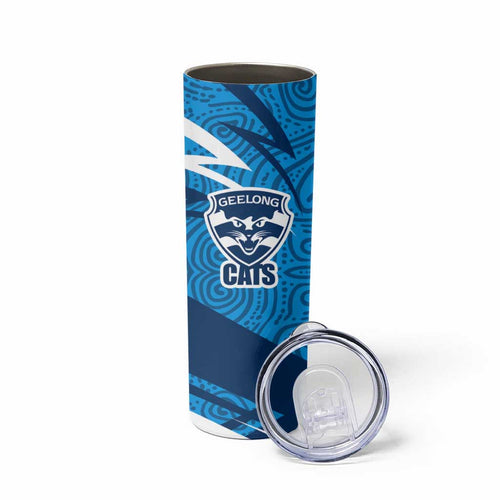 Geelong Cats Australian Football Skinny Tumbler Fierce Cat Mascot With Indigenous Pattern Art