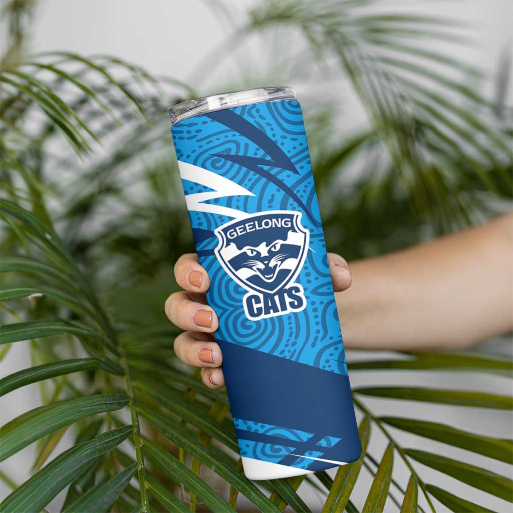 Geelong Cats Australian Football Skinny Tumbler Fierce Cat Mascot With Indigenous Pattern Art
