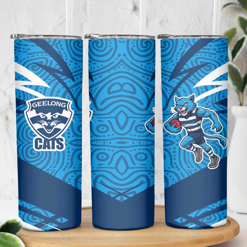 Geelong Cats Australian Football Skinny Tumbler Fierce Cat Mascot With Indigenous Pattern Art