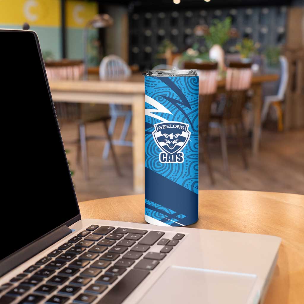 Geelong Cats Australian Football Skinny Tumbler Fierce Cat Mascot With Indigenous Pattern Art