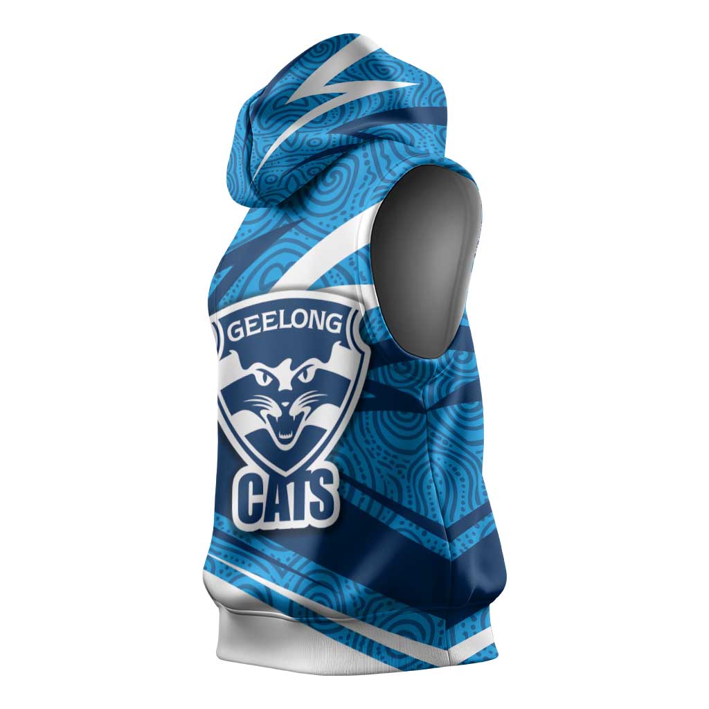 Geelong Cats Australian Football Sleeveless Hoodie Fierce Cat Mascot With Indigenous Pattern Art