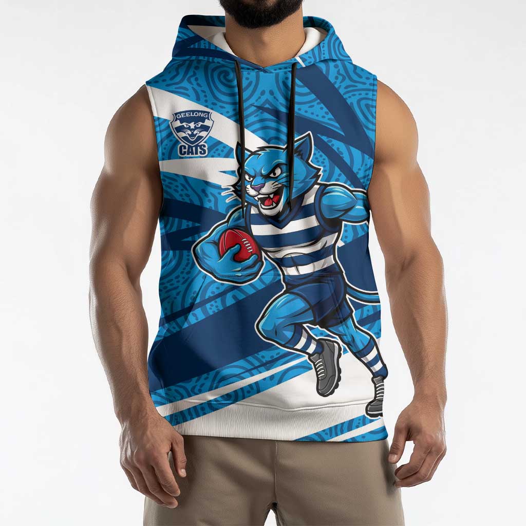 Geelong Cats Australian Football Sleeveless Hoodie Fierce Cat Mascot With Indigenous Pattern Art