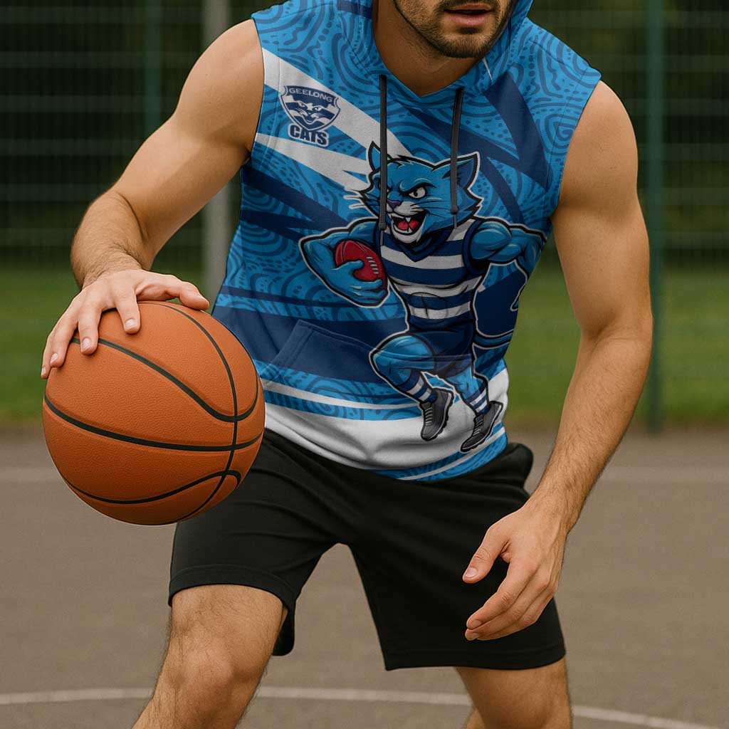 Geelong Cats Australian Football Sleeveless Hoodie Fierce Cat Mascot With Indigenous Pattern Art
