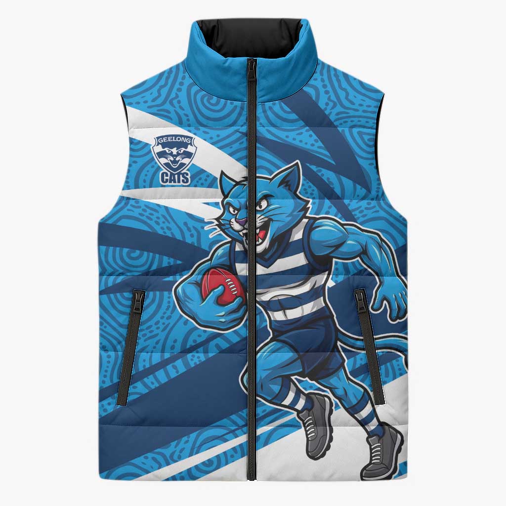 Geelong Cats Australian Football Sleeveless Puffer Jacket Fierce Cat Mascot With Indigenous Pattern Art