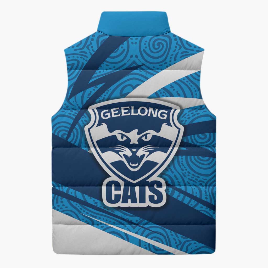 Geelong Cats Australian Football Sleeveless Puffer Jacket Fierce Cat Mascot With Indigenous Pattern Art