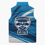 Geelong Cats Australian Football Sleeveless Puffer Jacket Fierce Cat Mascot With Indigenous Pattern Art