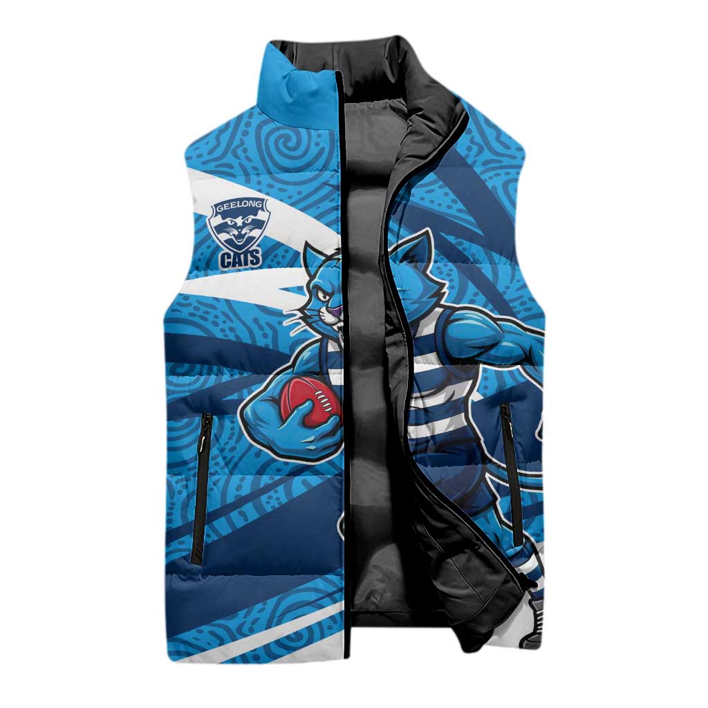 Geelong Cats Australian Football Sleeveless Puffer Jacket Fierce Cat Mascot With Indigenous Pattern Art