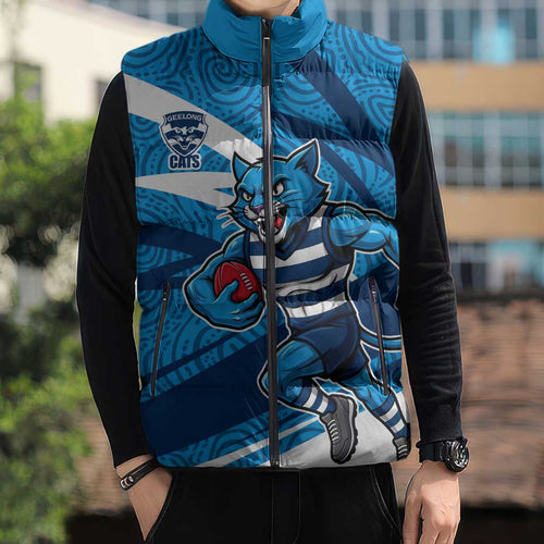 Geelong Cats Australian Football Sleeveless Puffer Jacket Fierce Cat Mascot With Indigenous Pattern Art