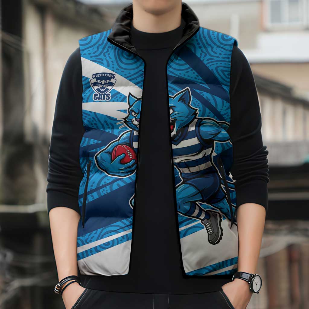 Geelong Cats Australian Football Sleeveless Puffer Jacket Fierce Cat Mascot With Indigenous Pattern Art