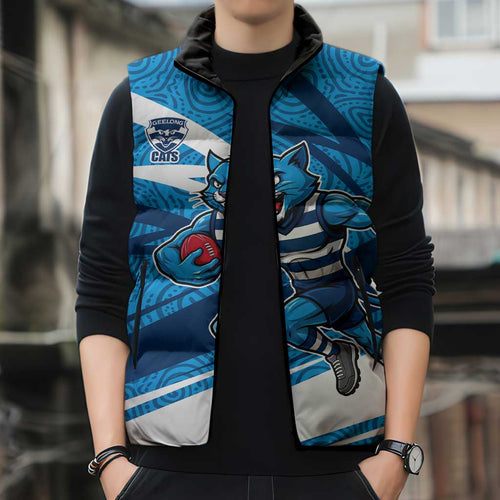 Geelong Cats Australian Football Sleeveless Puffer Jacket Fierce Cat Mascot With Indigenous Pattern Art