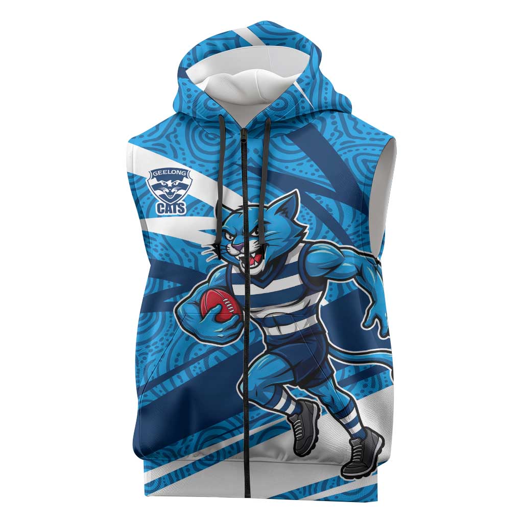 Geelong Cats Australian Football Sleeveless Zip Hoodie Fierce Cat Mascot With Indigenous Pattern Art