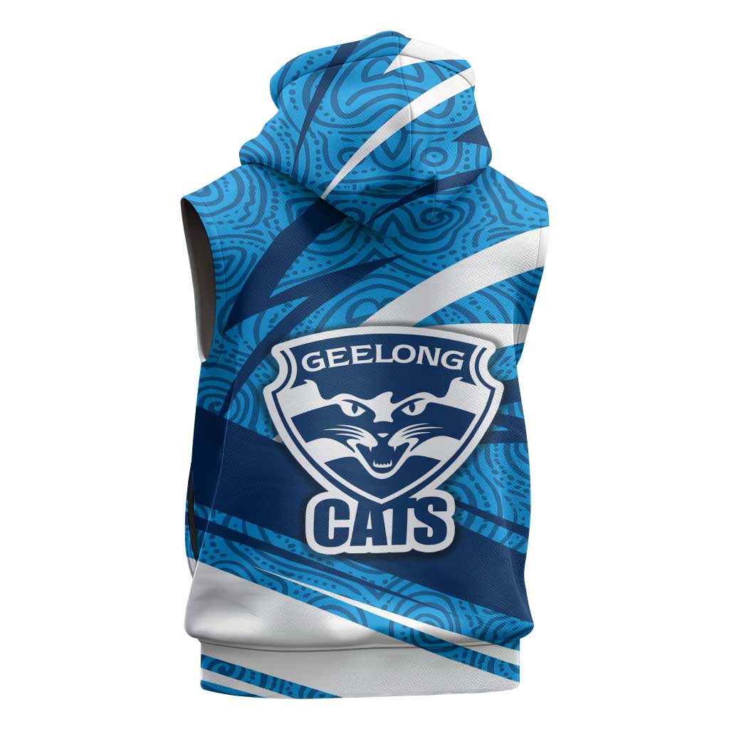 Geelong Cats Australian Football Sleeveless Zip Hoodie Fierce Cat Mascot With Indigenous Pattern Art