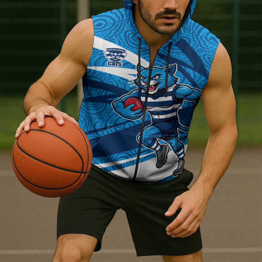 Geelong Cats Australian Football Sleeveless Zip Hoodie Fierce Cat Mascot With Indigenous Pattern Art