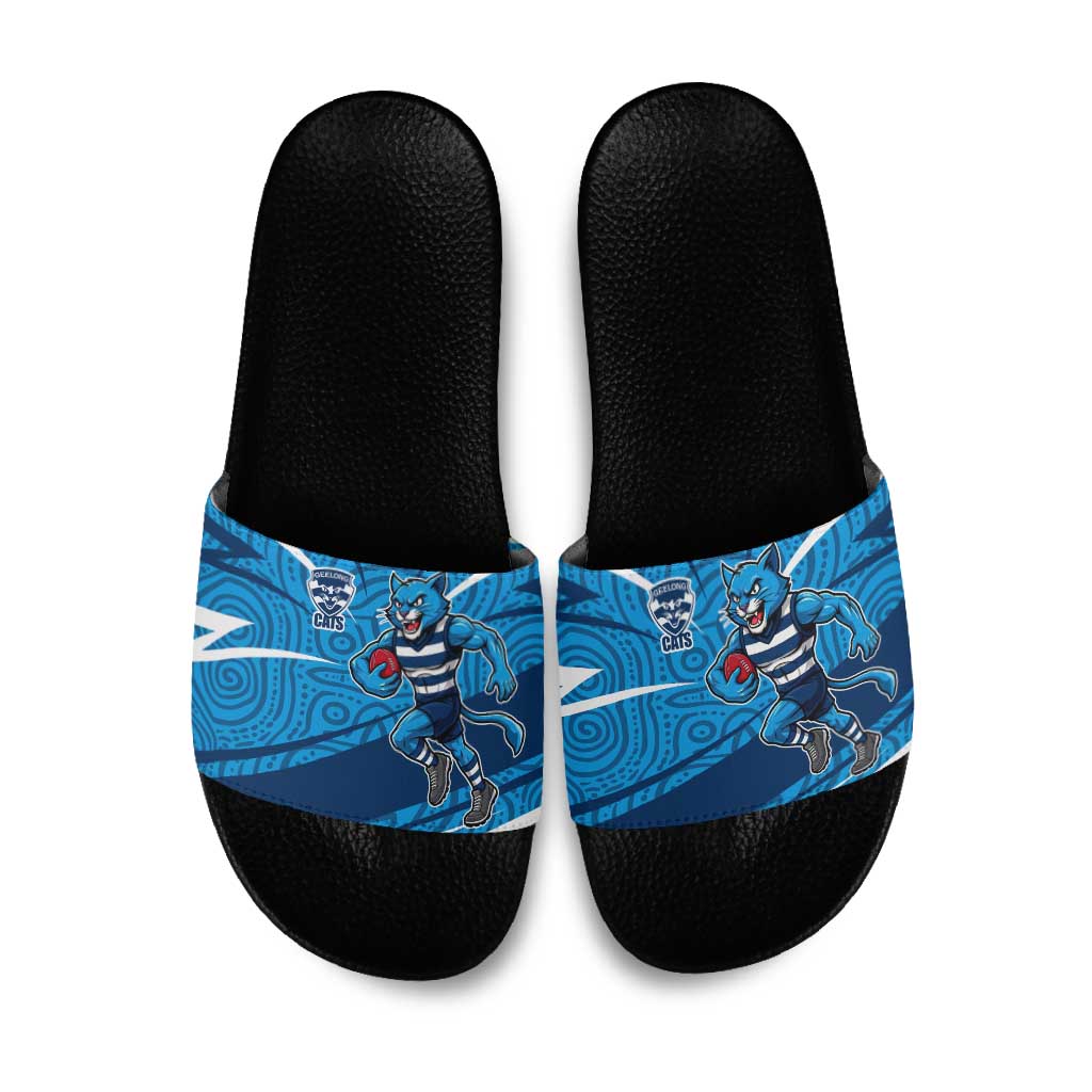 Geelong Cats Australian Football Slide Sandals Fierce Cat Mascot With Indigenous Pattern Art