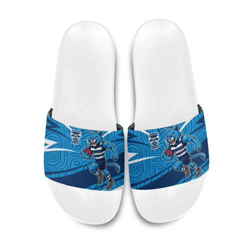 Geelong Cats Australian Football Slide Sandals Fierce Cat Mascot With Indigenous Pattern Art