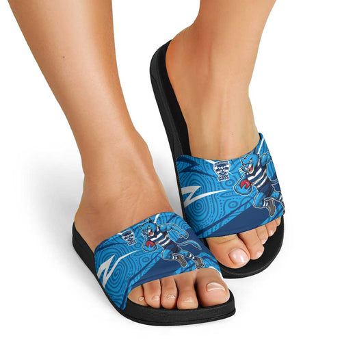 Geelong Cats Australian Football Slide Sandals Fierce Cat Mascot With Indigenous Pattern Art
