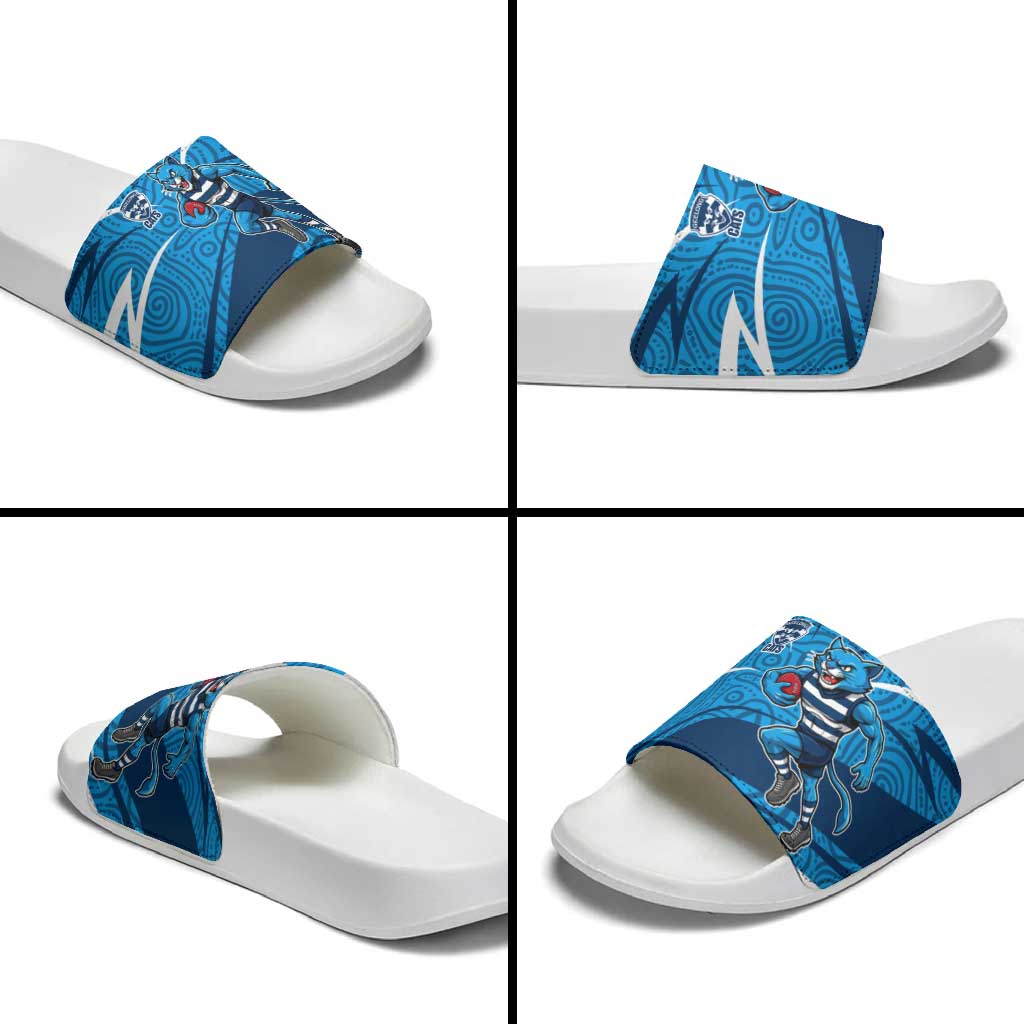 Geelong Cats Australian Football Slide Sandals Fierce Cat Mascot With Indigenous Pattern Art