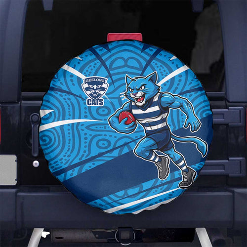 Geelong Cats Australian Football Spare Tire Cover Fierce Cat Mascot With Indigenous Pattern Art