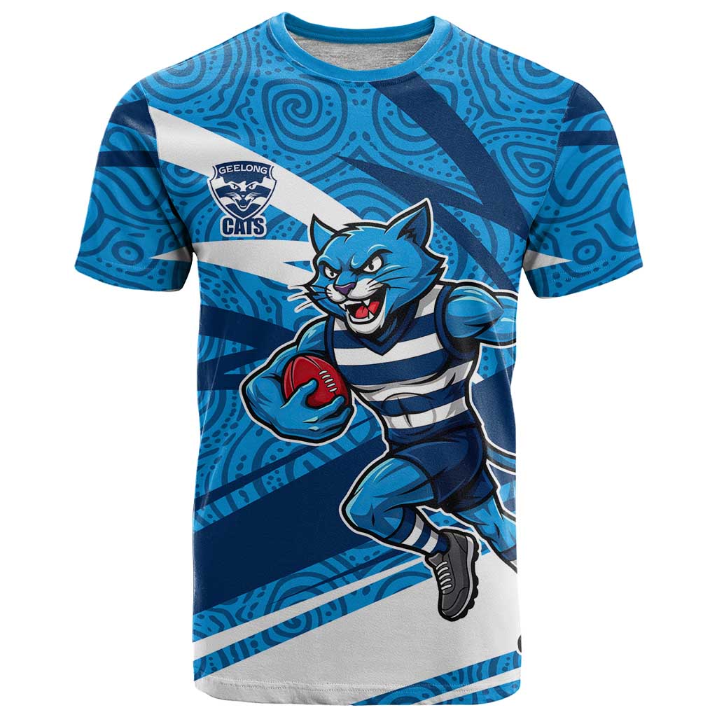Geelong Cats Australian Football T Shirt Fierce Cat Mascot With Indigenous Pattern Art