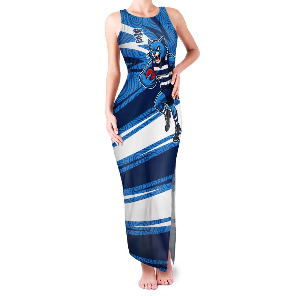 Geelong Cats Australian Football Tank Maxi Dress Fierce Cat Mascot With Indigenous Pattern Art