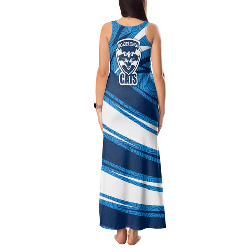 Geelong Cats Australian Football Tank Maxi Dress Fierce Cat Mascot With Indigenous Pattern Art
