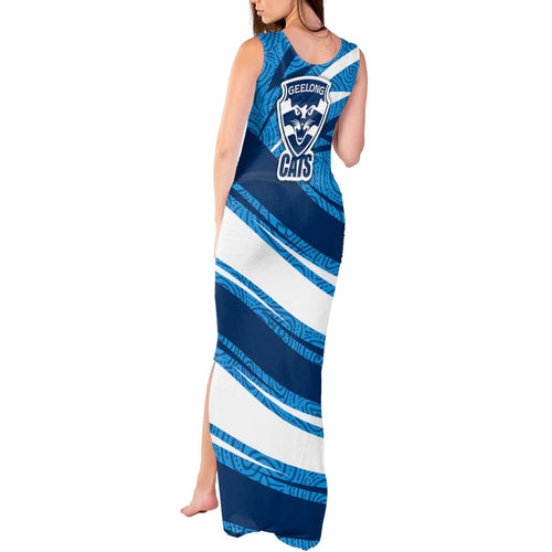 Geelong Cats Australian Football Tank Maxi Dress Fierce Cat Mascot With Indigenous Pattern Art