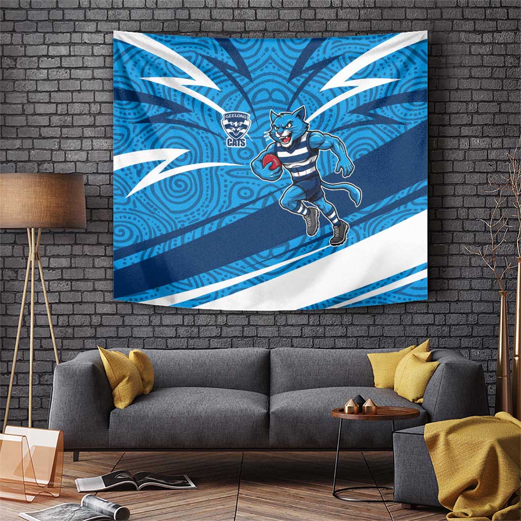 Geelong Cats Australian Football Tapestry Fierce Cat Mascot With Indigenous Pattern Art