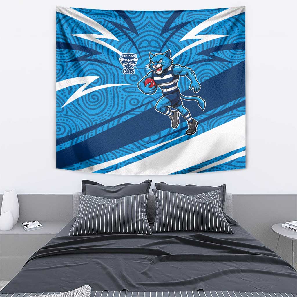 Geelong Cats Australian Football Tapestry Fierce Cat Mascot With Indigenous Pattern Art