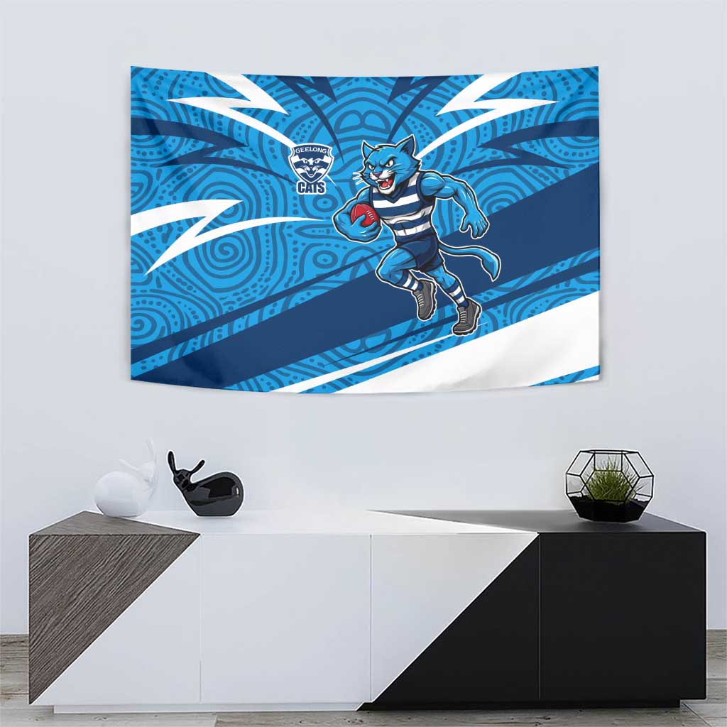 Geelong Cats Australian Football Tapestry Fierce Cat Mascot With Indigenous Pattern Art