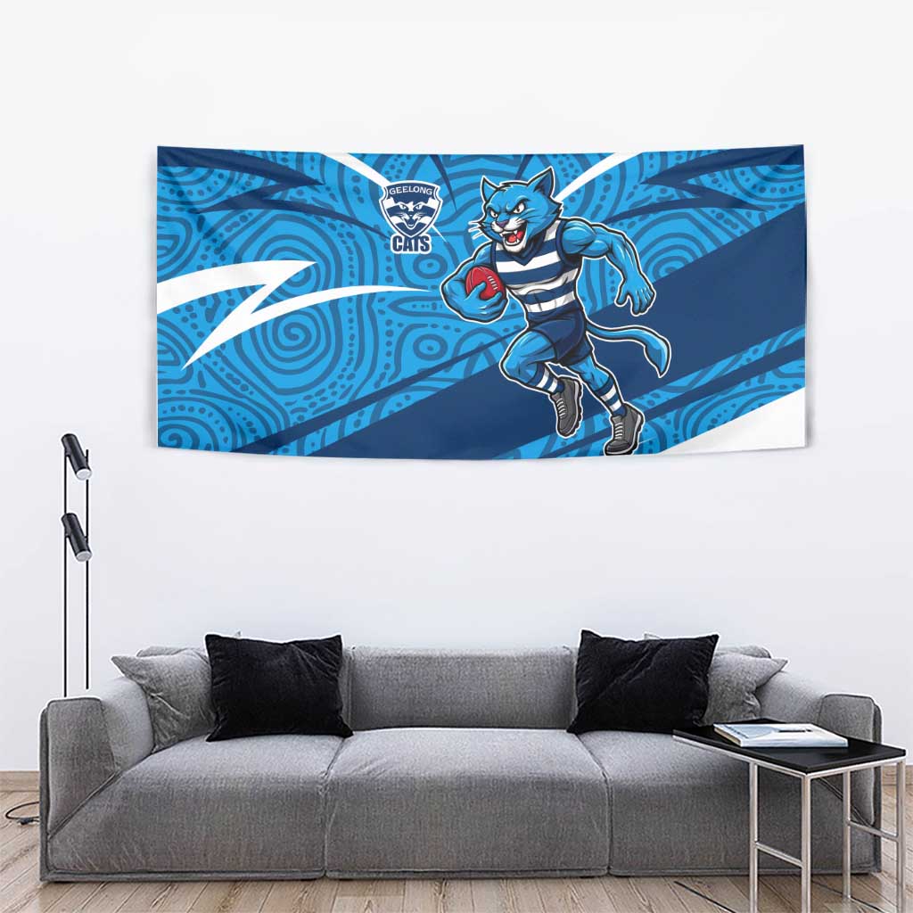 Geelong Cats Australian Football Tapestry Fierce Cat Mascot With Indigenous Pattern Art