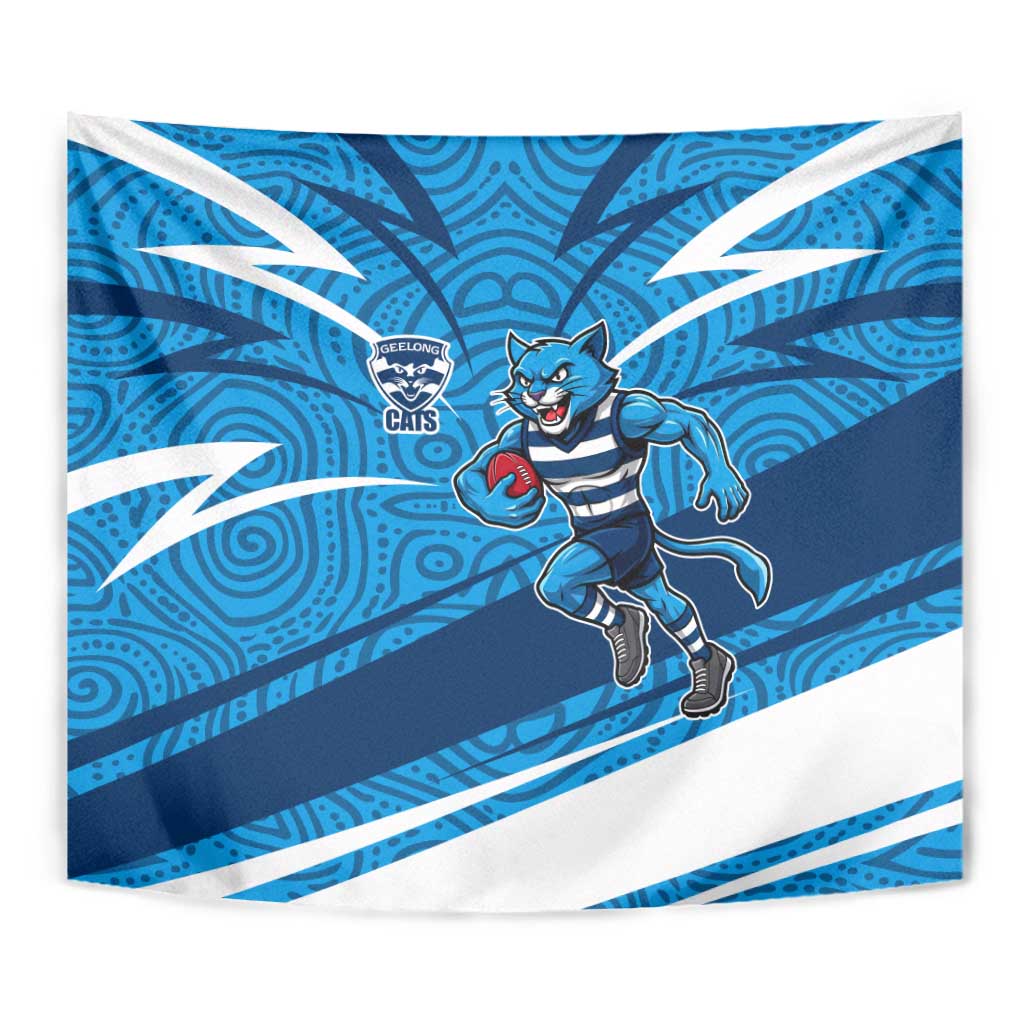 Geelong Cats Australian Football Tapestry Fierce Cat Mascot With Indigenous Pattern Art