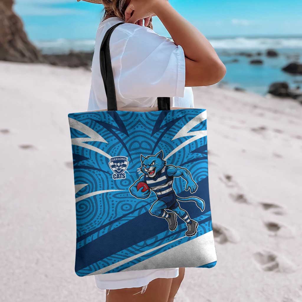 Geelong Cats Australian Football Tote Bag Fierce Cat Mascot With Indigenous Pattern Art