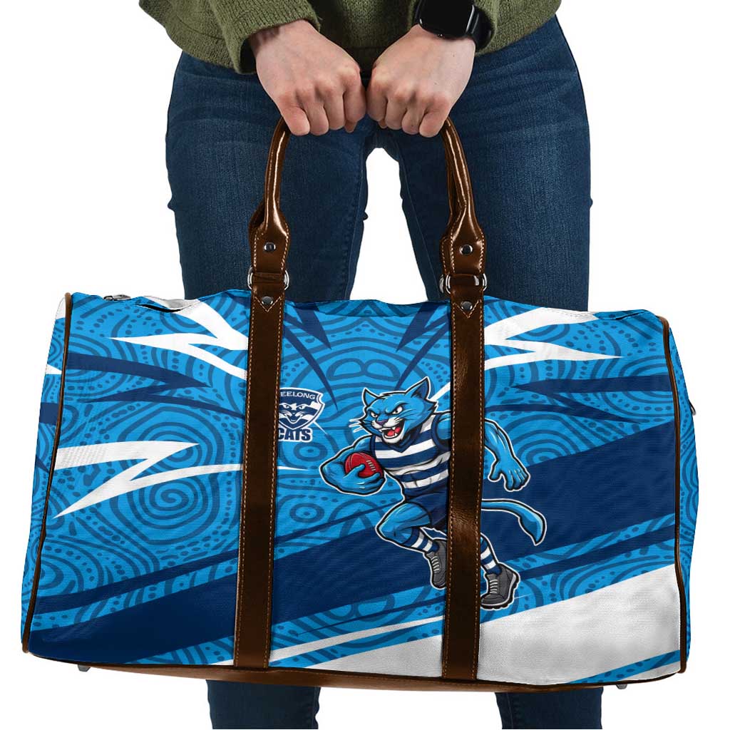 Geelong Cats Australian Football Travel Bag Fierce Cat Mascot With Indigenous Pattern Art