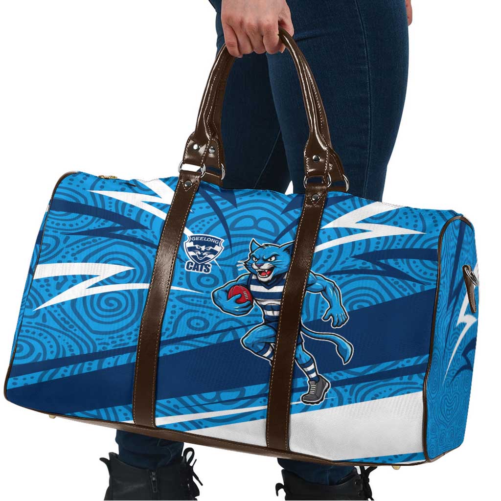 Geelong Cats Australian Football Travel Bag Fierce Cat Mascot With Indigenous Pattern Art