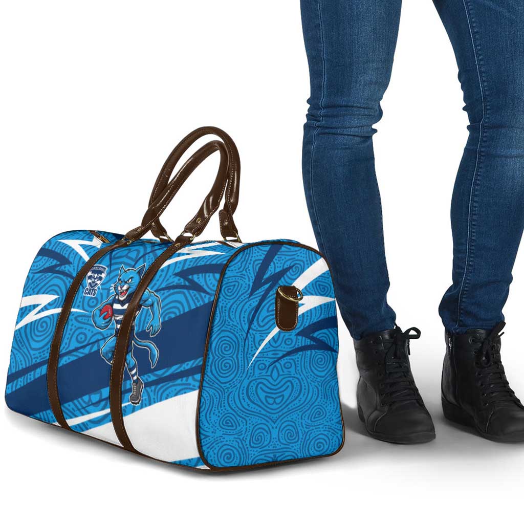 Geelong Cats Australian Football Travel Bag Fierce Cat Mascot With Indigenous Pattern Art