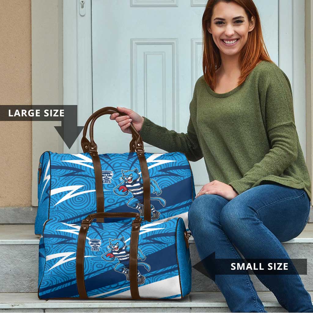 Geelong Cats Australian Football Travel Bag Fierce Cat Mascot With Indigenous Pattern Art