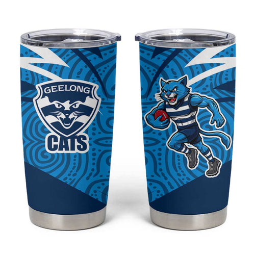 Geelong Cats Australian Football Tumbler Cup Fierce Cat Mascot With Indigenous Pattern Art