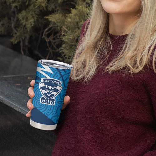 Geelong Cats Australian Football Tumbler Cup Fierce Cat Mascot With Indigenous Pattern Art