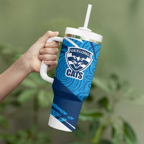 Geelong Cats Australian Football Tumbler With Handle Fierce Cat Mascot With Indigenous Pattern Art
