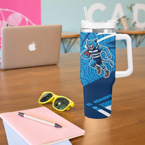 Geelong Cats Australian Football Tumbler With Handle Fierce Cat Mascot With Indigenous Pattern Art