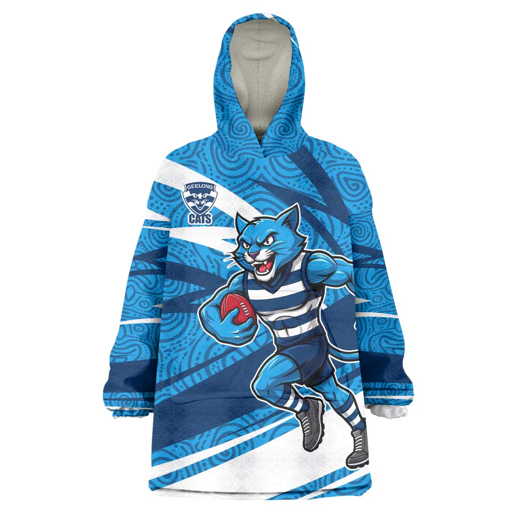 Geelong Cats Australian Football Wearable Blanket Hoodie Fierce Cat Mascot With Indigenous Pattern Art