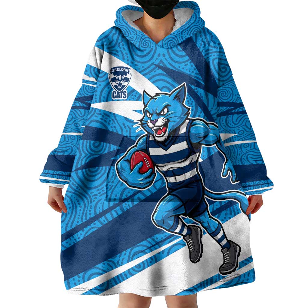 Geelong Cats Australian Football Wearable Blanket Hoodie Fierce Cat Mascot With Indigenous Pattern Art