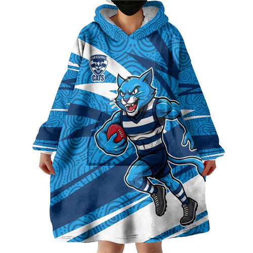 Geelong Cats Australian Football Wearable Blanket Hoodie Fierce Cat Mascot With Indigenous Pattern Art