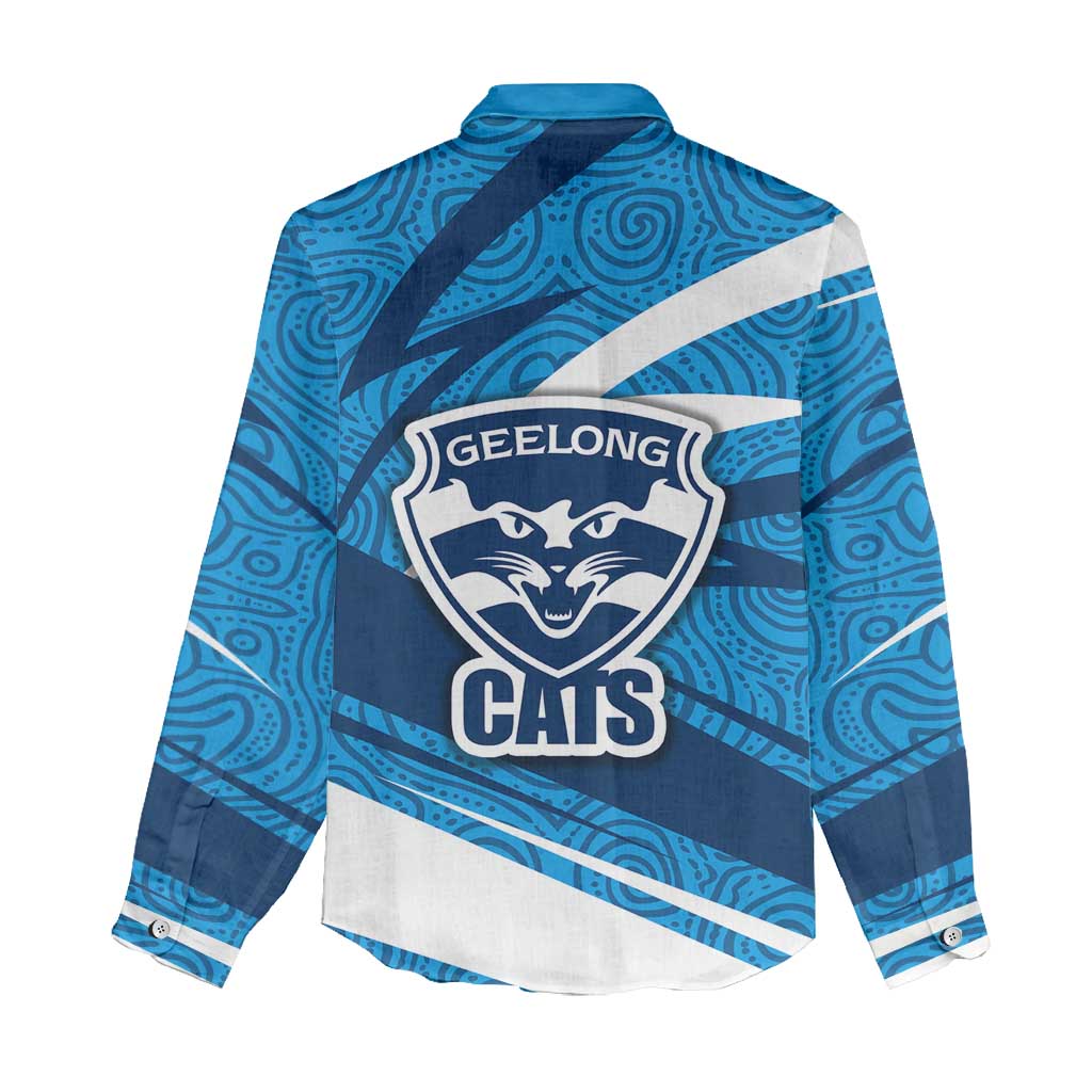 Geelong Cats Australian Football Women Casual Shirt Fierce Cat Mascot With Indigenous Pattern Art