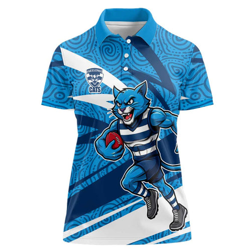 Geelong Cats Australian Football Women Polo Shirt Fierce Cat Mascot With Indigenous Pattern Art