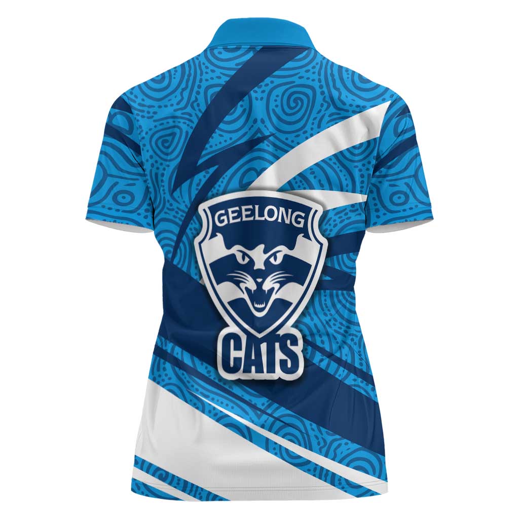 Geelong Cats Australian Football Women Polo Shirt Fierce Cat Mascot With Indigenous Pattern Art