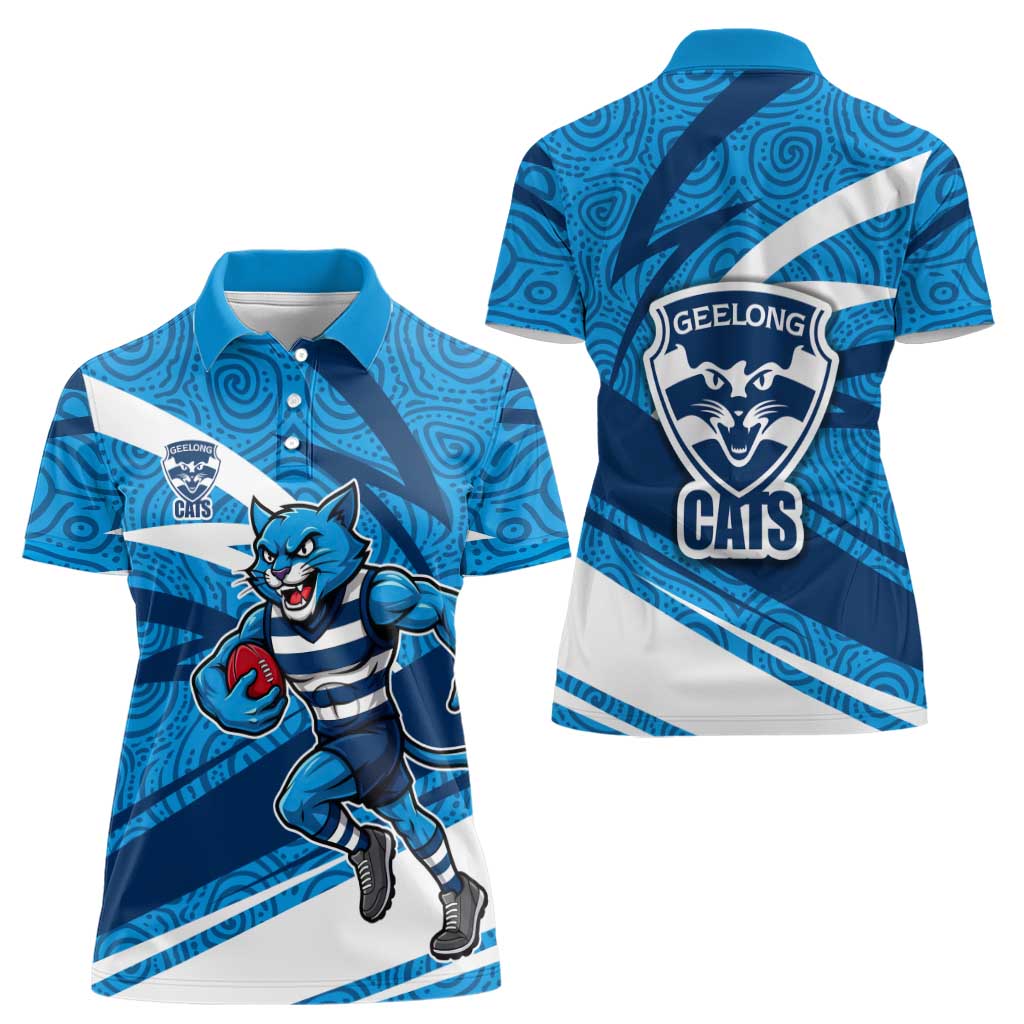 Geelong Cats Australian Football Women Polo Shirt Fierce Cat Mascot With Indigenous Pattern Art
