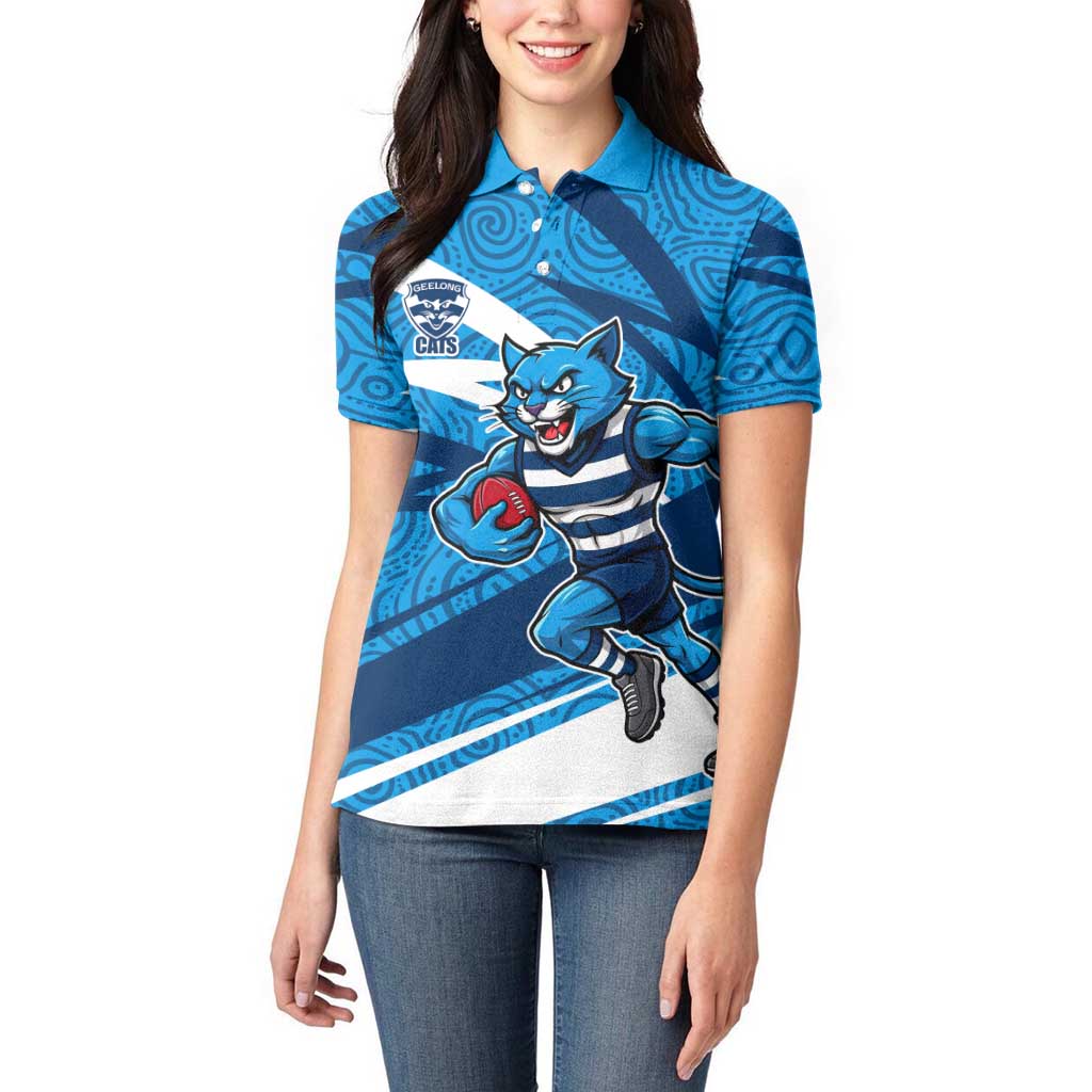 Geelong Cats Australian Football Women Polo Shirt Fierce Cat Mascot With Indigenous Pattern Art